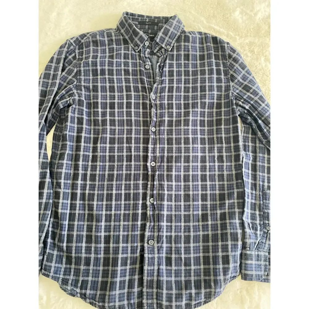 Banana Republic Blue Gray Black Plaid Button‎ Up Men’s Slim Fit Shirt Size M